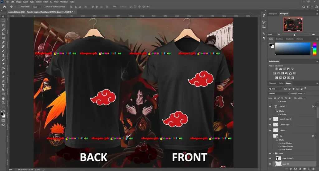 Adobe Photoshop software showing a T-shirt design made by a remote freelance graphic designer