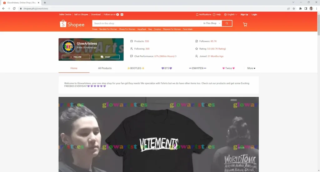 Shopee website of GlowArtsTees e-commerce shop showing all their products and high rating