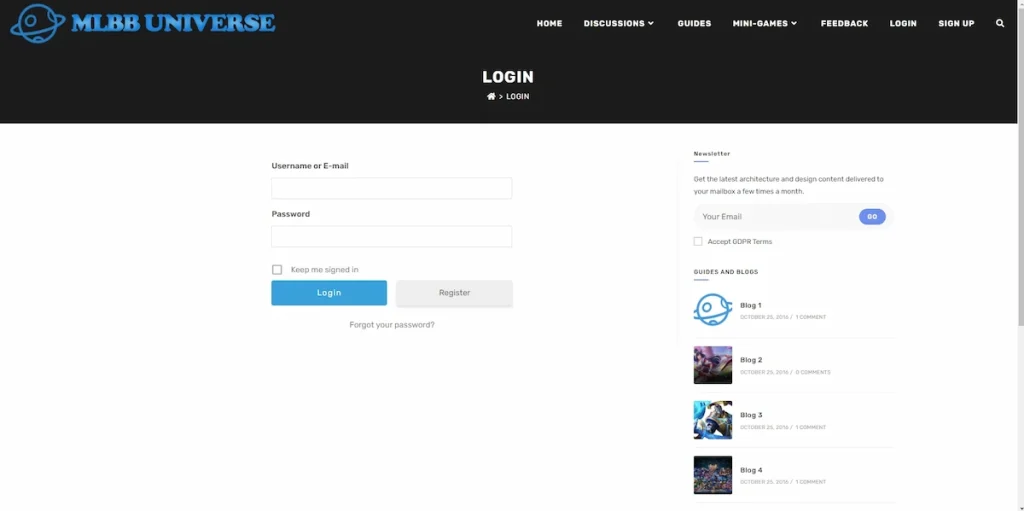 WordPress website showing the login page of a gaming website which is created by a remote freelance web developer