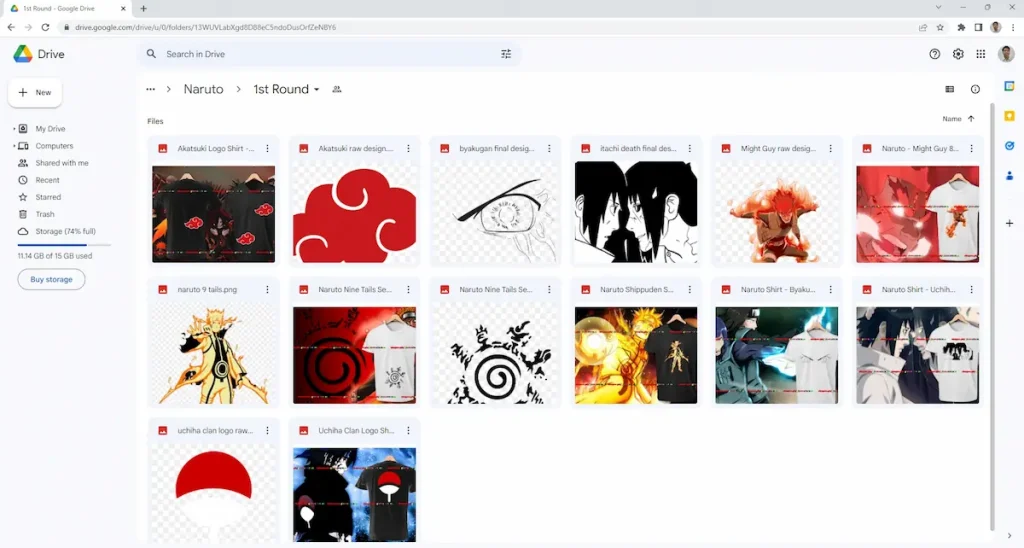 Google Drive folder showing a T-shirt designs made by a remote freelance graphic designer using Adobe Photoshop