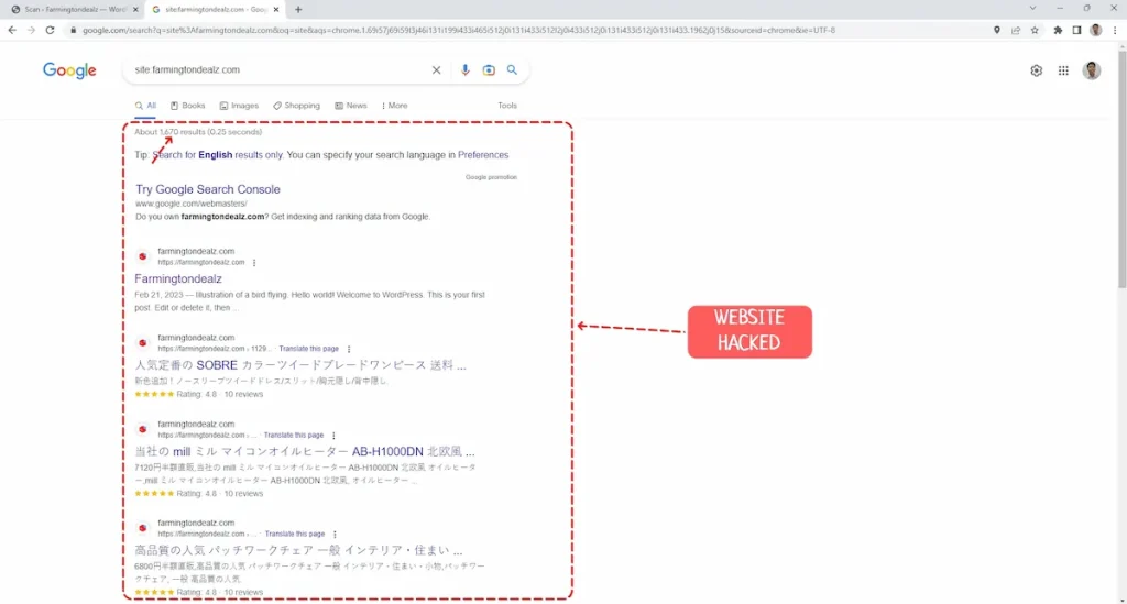 Google search result of a WordPress website with security issues