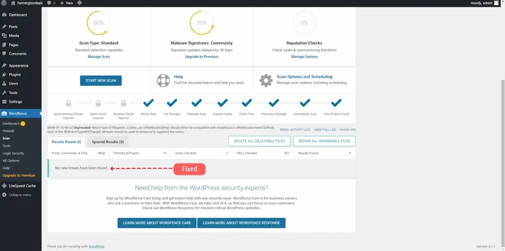 WordFence plugin showing no virus and malware in a WordPress website