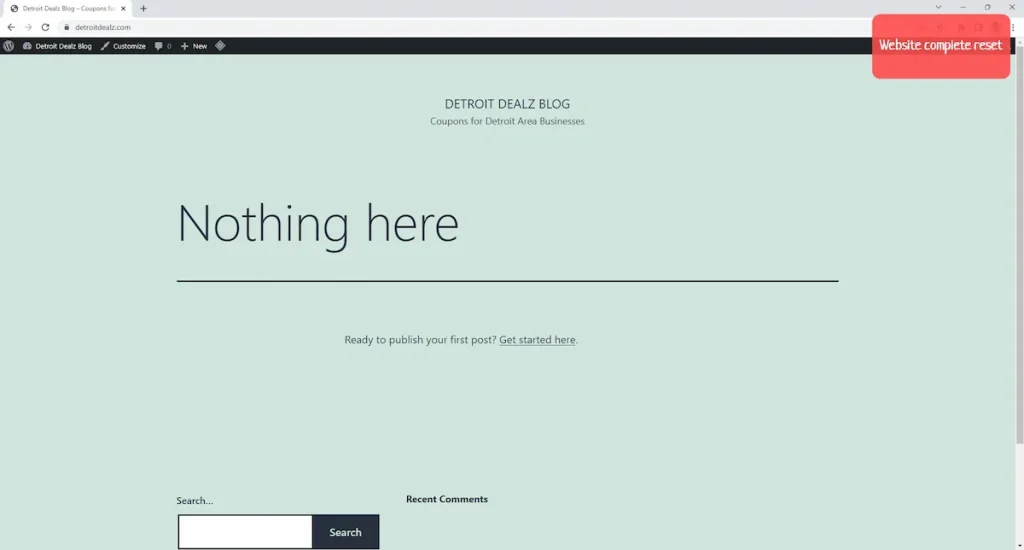 Home page of a freshly reset WordPress website because of a hacking issue